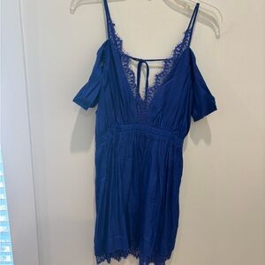Blue Lace Trim Cold Shoulder Dress